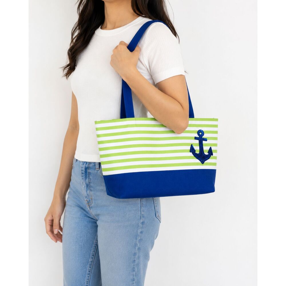 Quacker Factory Nautical Anchor Tote Bag Green Stripe Blue Beach Preppy Tote M